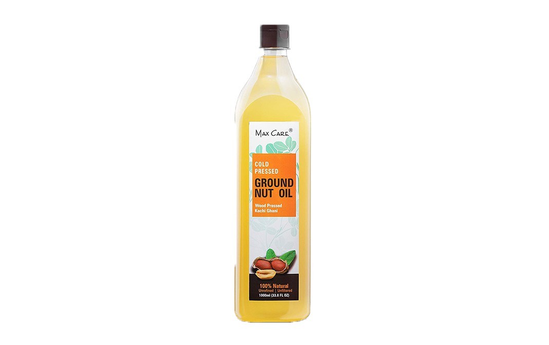Max Care Cold Pressed Groundnut Oil Wood Pressed Kachi Ghani   Plastic Bottle  1 litre